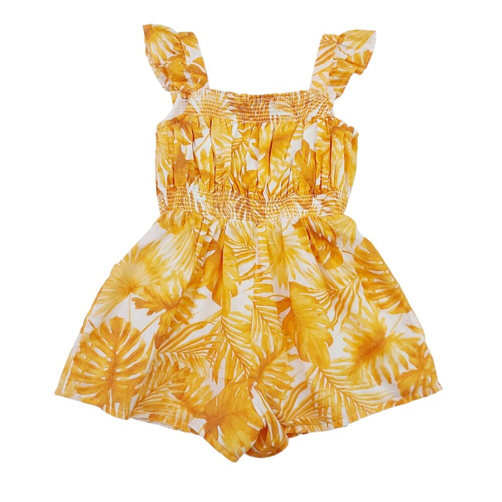 Janie and Jack Romper Girls 3 Yellow Smocked Palm Print Square Neck 100% Cotton - Picture 6 of 11